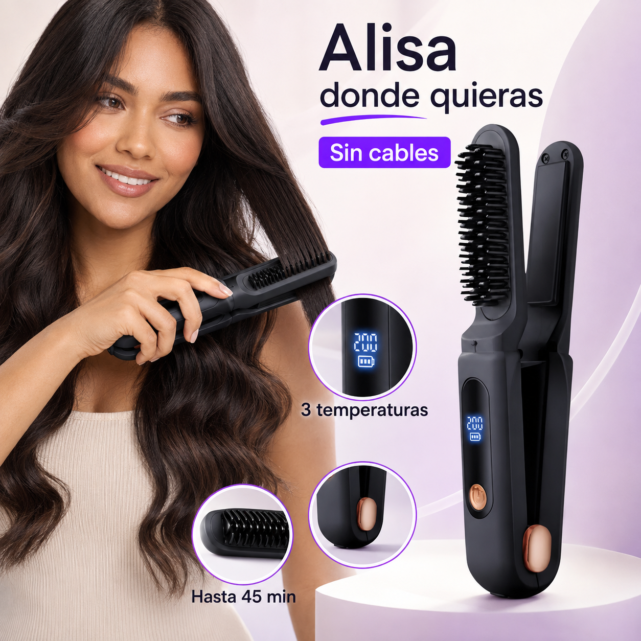 Cepillo Alisador Inalámbrico Portátil con 3 Temperaturas