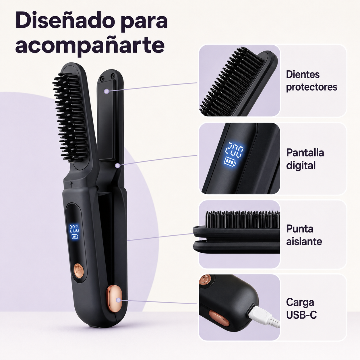 Cepillo Alisador Inalámbrico Portátil con 3 Temperaturas